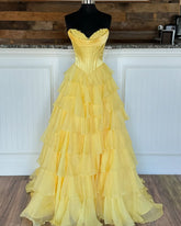 Ruffles Strapless Tiered prom Dress Yellow Lace Chiffon Split Mychicdress